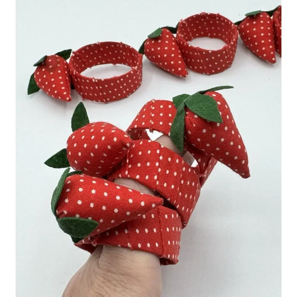 Set of 6 Vintage Red Strawberry w/Leaf Ribbon Napkin Rings Cottagecore Kitch